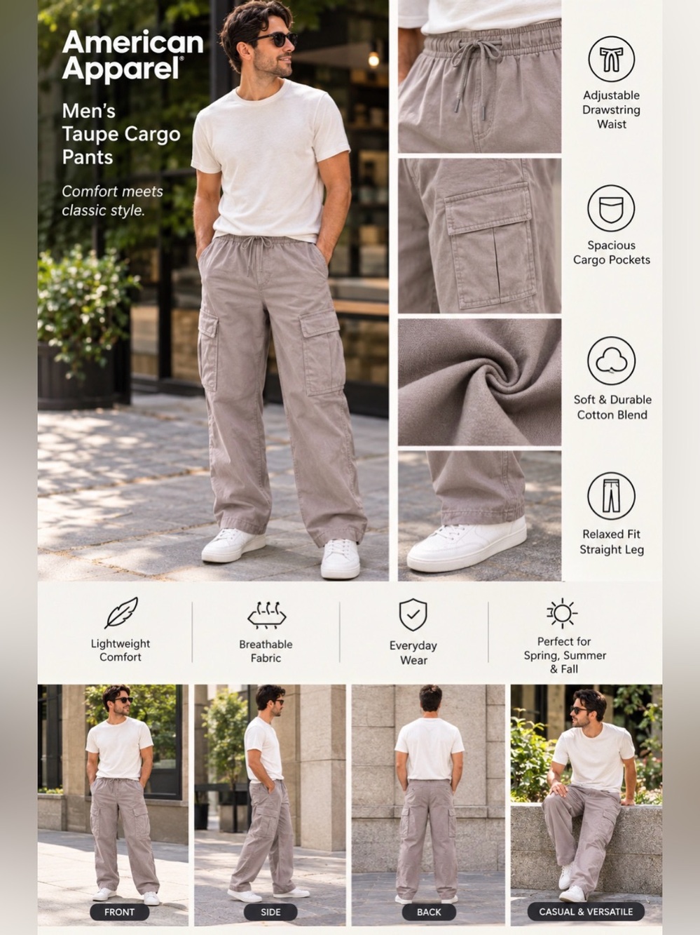 Small- American Eagle Men's Taupe Cargo Pants with Drawstring Waist